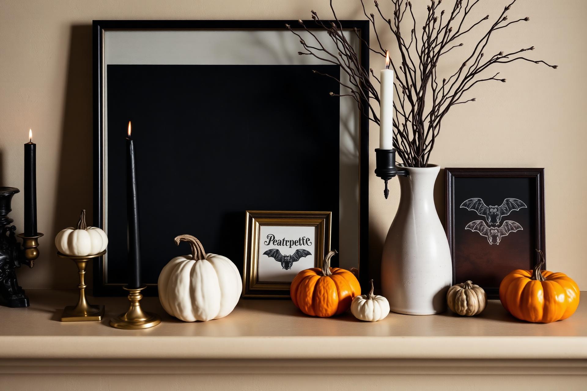 A moody autumn mantel styled for Halloween with black taper candles, heirloom pumpkins, and a framed bat print