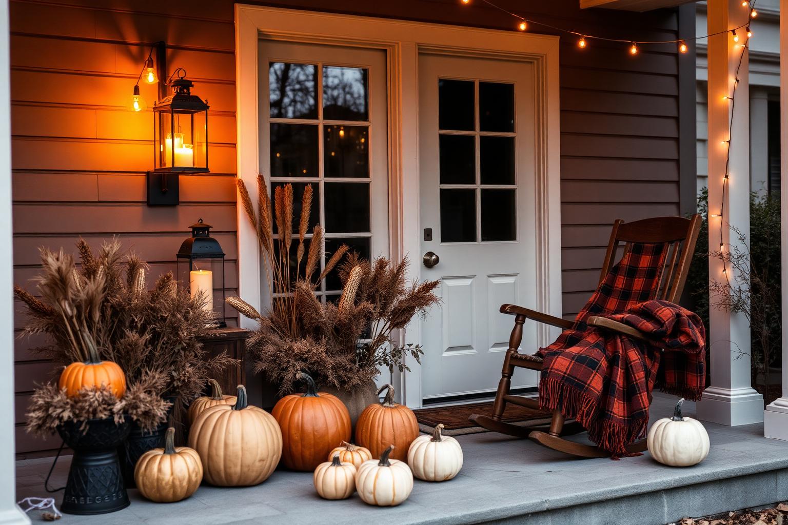 A Halloween porch at dusk with heirloom pumpkins, glowing lanterns, dried corn stalks, and a plaid throw on a rocking chair